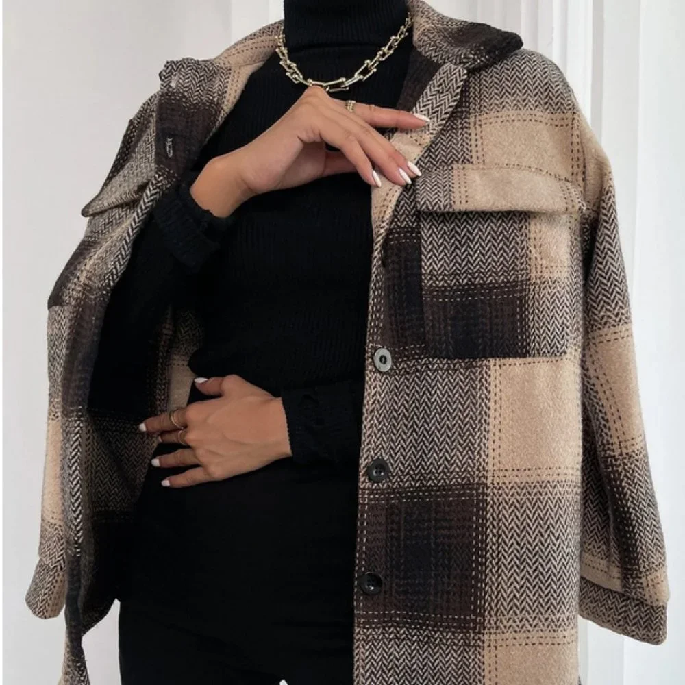 plaid print button up overcoat fall winter casual trending - Picture 6 of 6